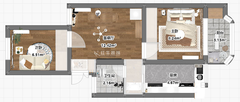 高靈慧｜南苑臺園26號9-401-60㎡-北歐風格｜2室1廳1衛(wèi)｜老房裝修｜定制家｜全包9萬｜00_03平面彩圖